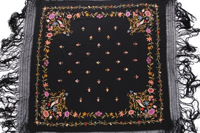 Lot 374 - Three embroidered shawls with silk fringing, 1920s