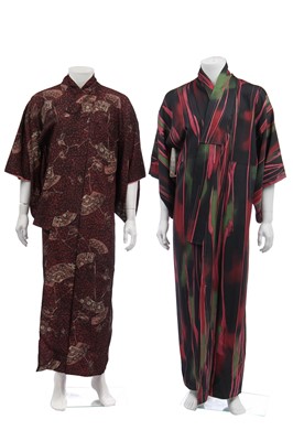 Lot 488 - Six kimonos/robes in deep-berry shades, mostly men's, mainly mid-20th century