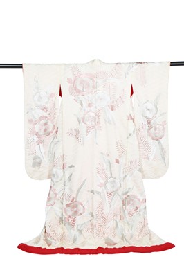 Lot 454 - An embroidered silk damask wedding kimono, Japanese, second half of the 20th century