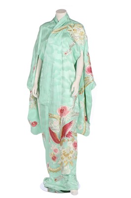 Lot 454 - An embroidered silk damask wedding kimono, Japanese, second half of the 20th century