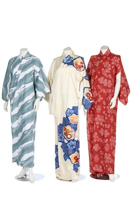 Lot 456 - Ten kimonos/robes, mainly in printed cotton and men's, second half of the 20th century