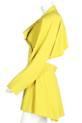 Lot 221 - An Issey Miyake chartreuse 'trench coat' dress and black wool jacket, 1980s