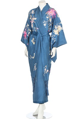 Lot 451 - A good Japanese embroidered blue silk kimono/robe, 1920s