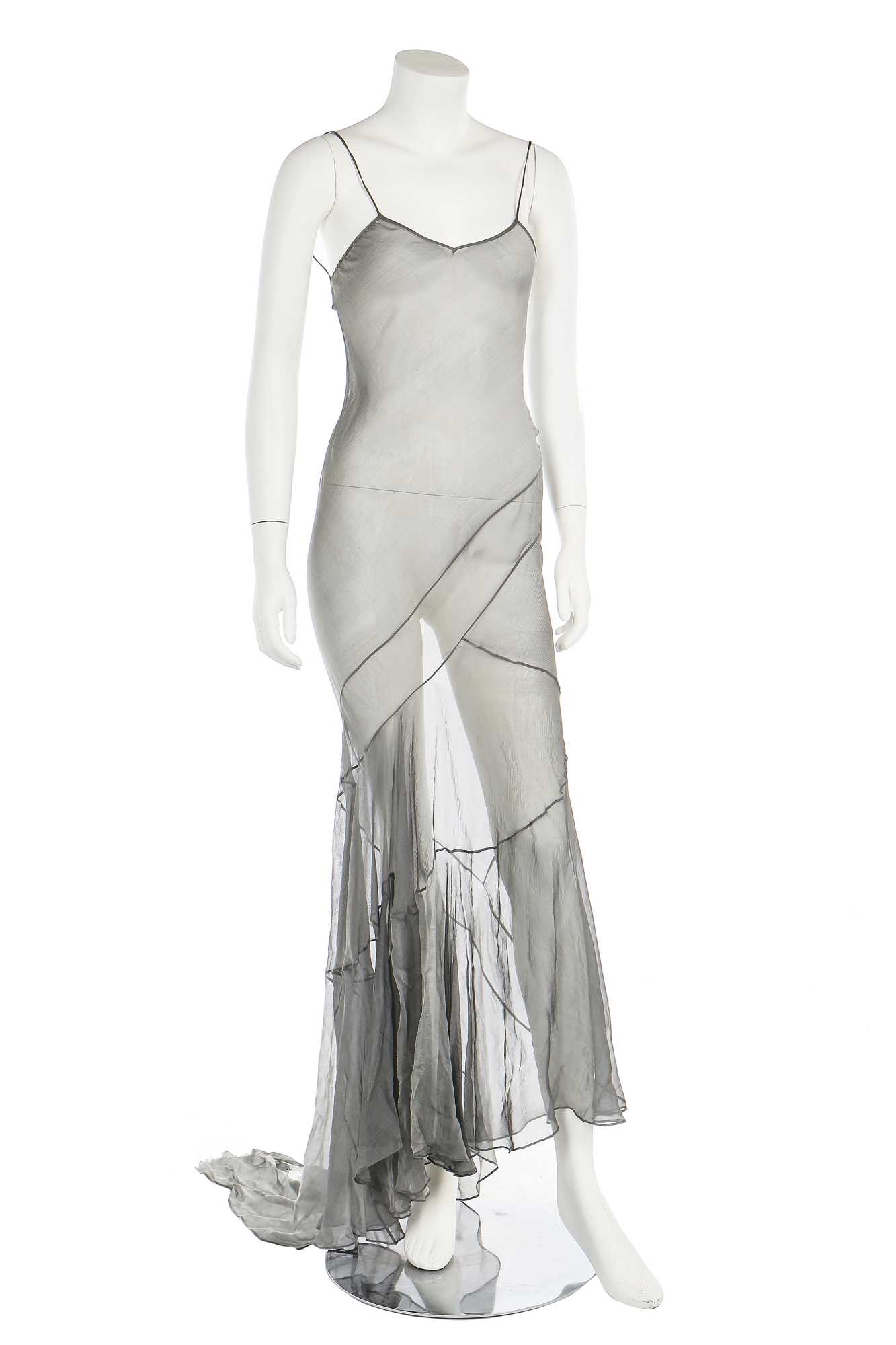 Lot 379 - A John Galliano sheer grey chiffon bias-cut gown, 'Filibustiers' collection, Spring-Summer 1993