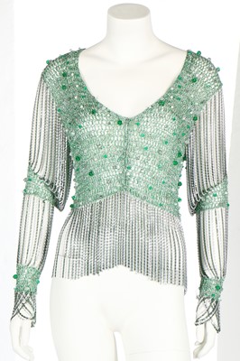 Lot 256 - A Loris Azzaro silver and green crochet and chain-fringed bodice, circa 1971