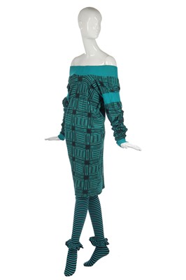 Lot 173 - A BodyMap printed turquoise cotton jersey dress, 'Barbee takes a trip ...' Spring-Summer, 1985