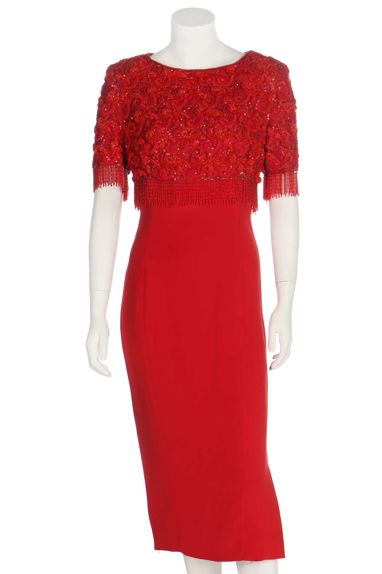 Lot 180 - An embroidered scarlet silk couture evening gown, possibly Saint Laurent, 1990s