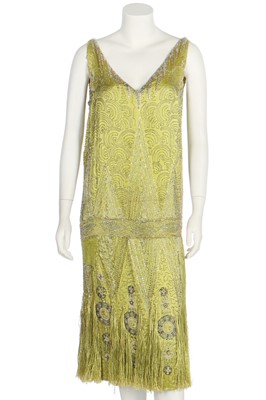 Lot 349 - A beaded chartreuse satin flapper dress, late 1920s