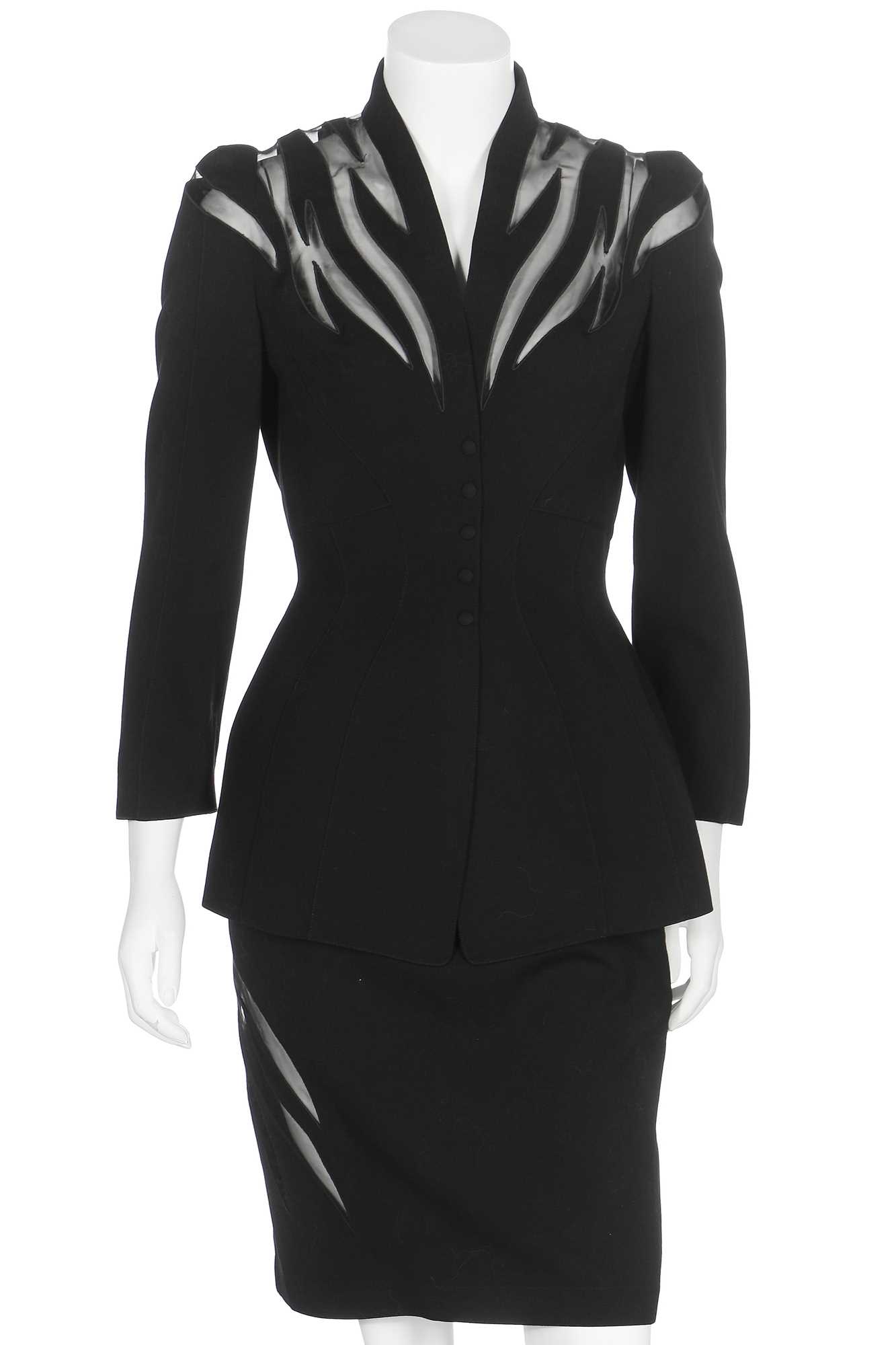 Click for high resolution Lot 184 - A Thierry Mugler black gabardine suit with sheer insertions, Spring-Summer 1998