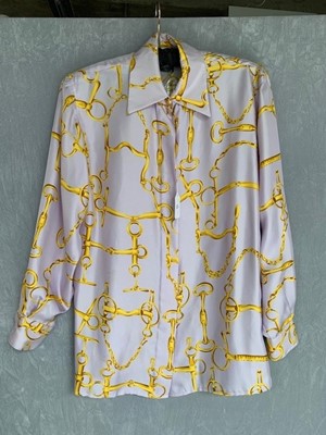 Lot 99 - A Gucci lilac silk shirt printed with horse-bit repeats, 1990s