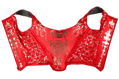 Lot 180 - A good Vivienne Westwood gold-stencilled red satin corset, probably 'Salon' collection, Spring-Summer 1992