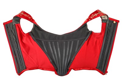 Lot 180 - A good Vivienne Westwood gold-stencilled red satin corset, probably 'Salon' collection, Spring-Summer 1992