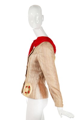 Lot 177 - A raw-silk-linen jacket appliquéd with three-dimensional straw sun-hats, 1988