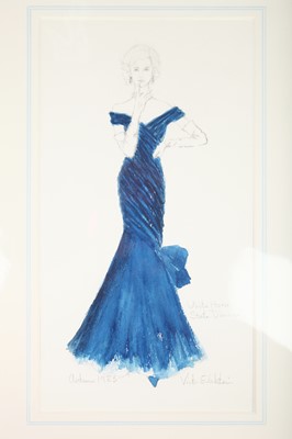 Lot 211 - A Victor Edelstein fashion illustration of Princess Diana's 1985 blue velvet (Travolta) evening gown