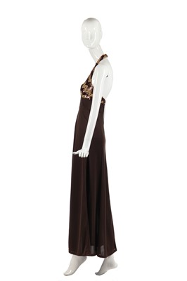 Lot 327 - Nina Baden-Semper's brown jersey dress with zig-zagged sequined halterneck bodice, 1970s