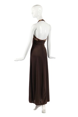 Lot 327 - Nina Baden-Semper's brown jersey dress with zig-zagged sequined halterneck bodice, 1970s