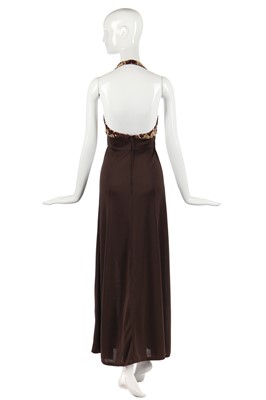 Lot 327 - Nina Baden-Semper's brown jersey dress with zig-zagged sequined halterneck bodice, 1970s