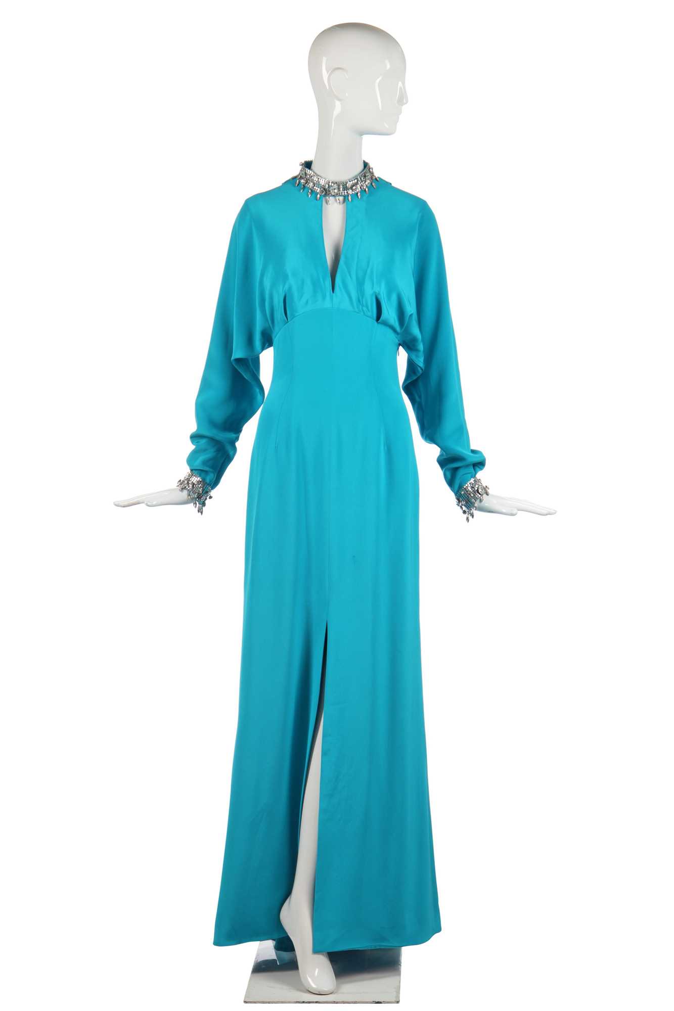 Lot 384 - A Thierry Mugler turquoise silk crêpe evening gown, circa 1995