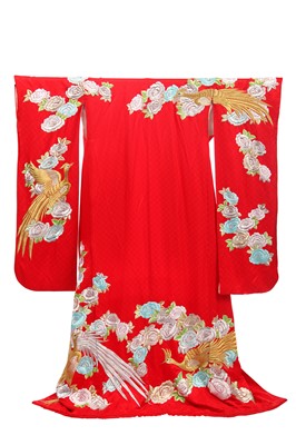 Lot 485 - An embroidered red damask silk wedding kimono, Japanese, second half of the 20th century