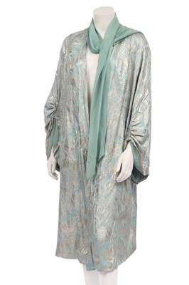 Lot 366 - A silver lamé and turquoise satin opera coat, late 1920s-early 30s