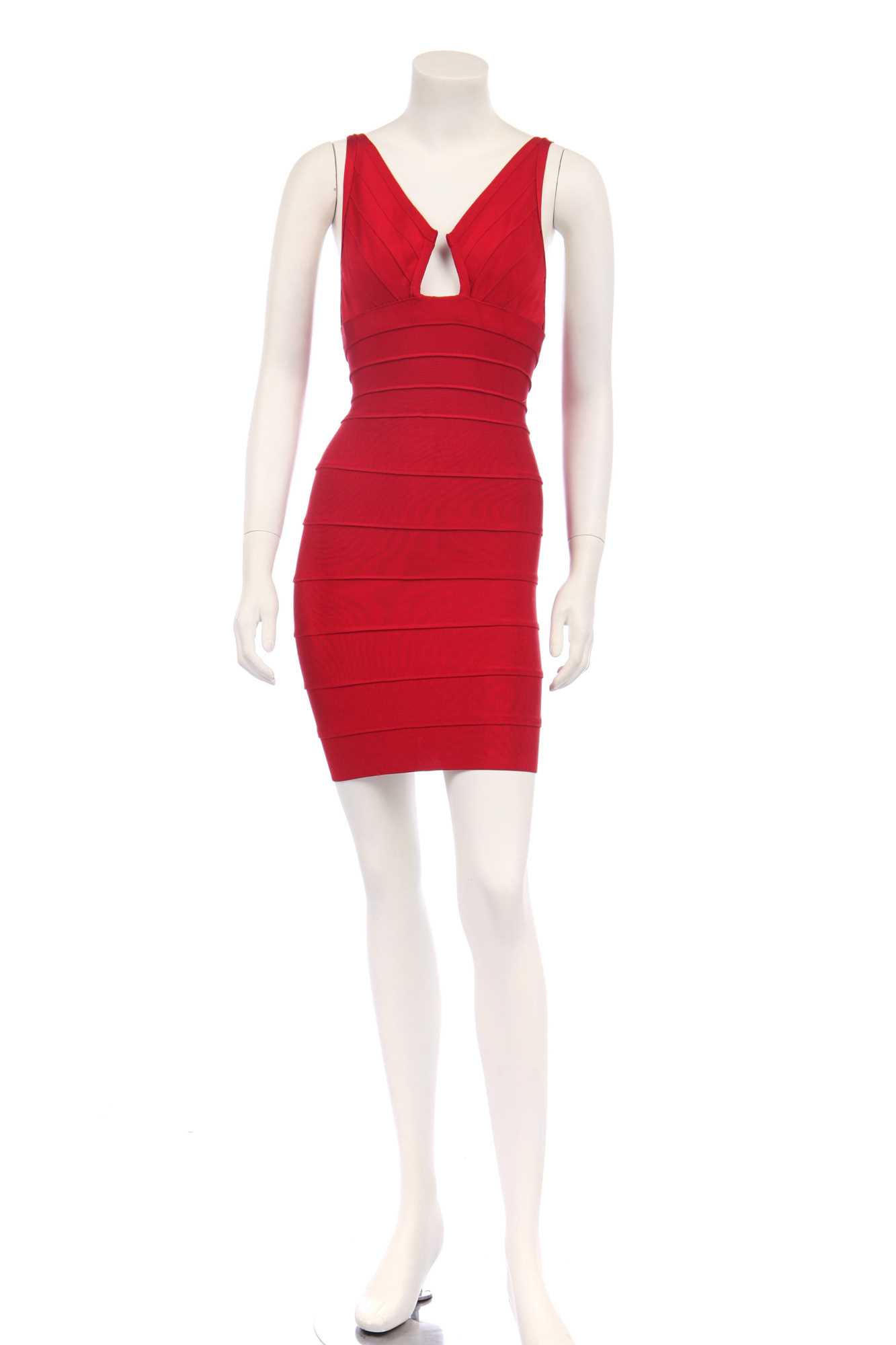 Lot 215 - An Hervé Léger cherry-red bodycon dress,