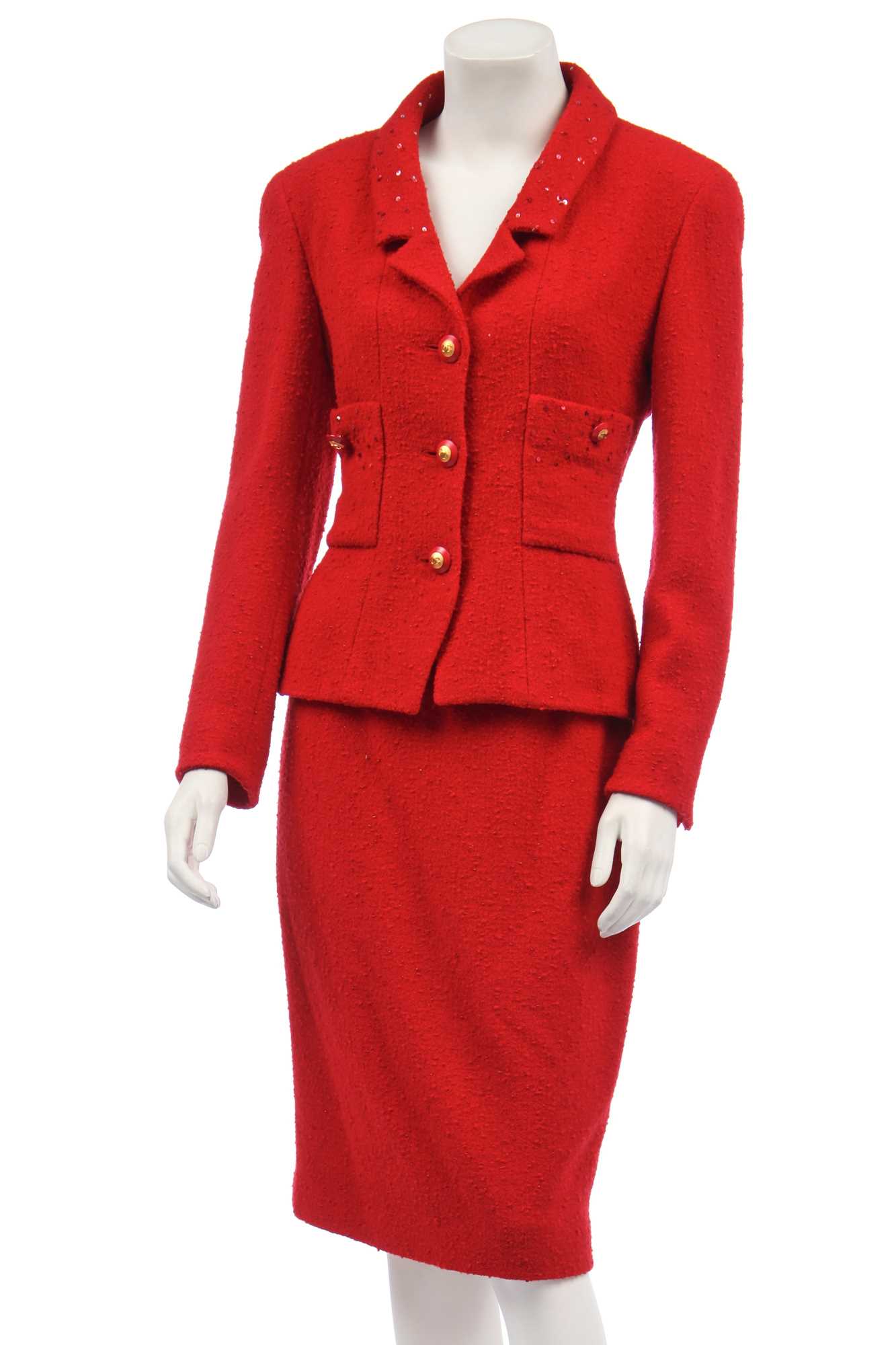 Lot 17 - A Chanel cherry-red bouclé wool suit, Autumn-Winter 1993-94