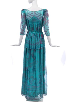 Lot 176 - A Zandra Rhodes printed teal chiffon dress, circa 1983