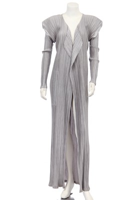 Lot 183 - An Issey Miyake pleated silver polyester full-length coat, probably 1990s