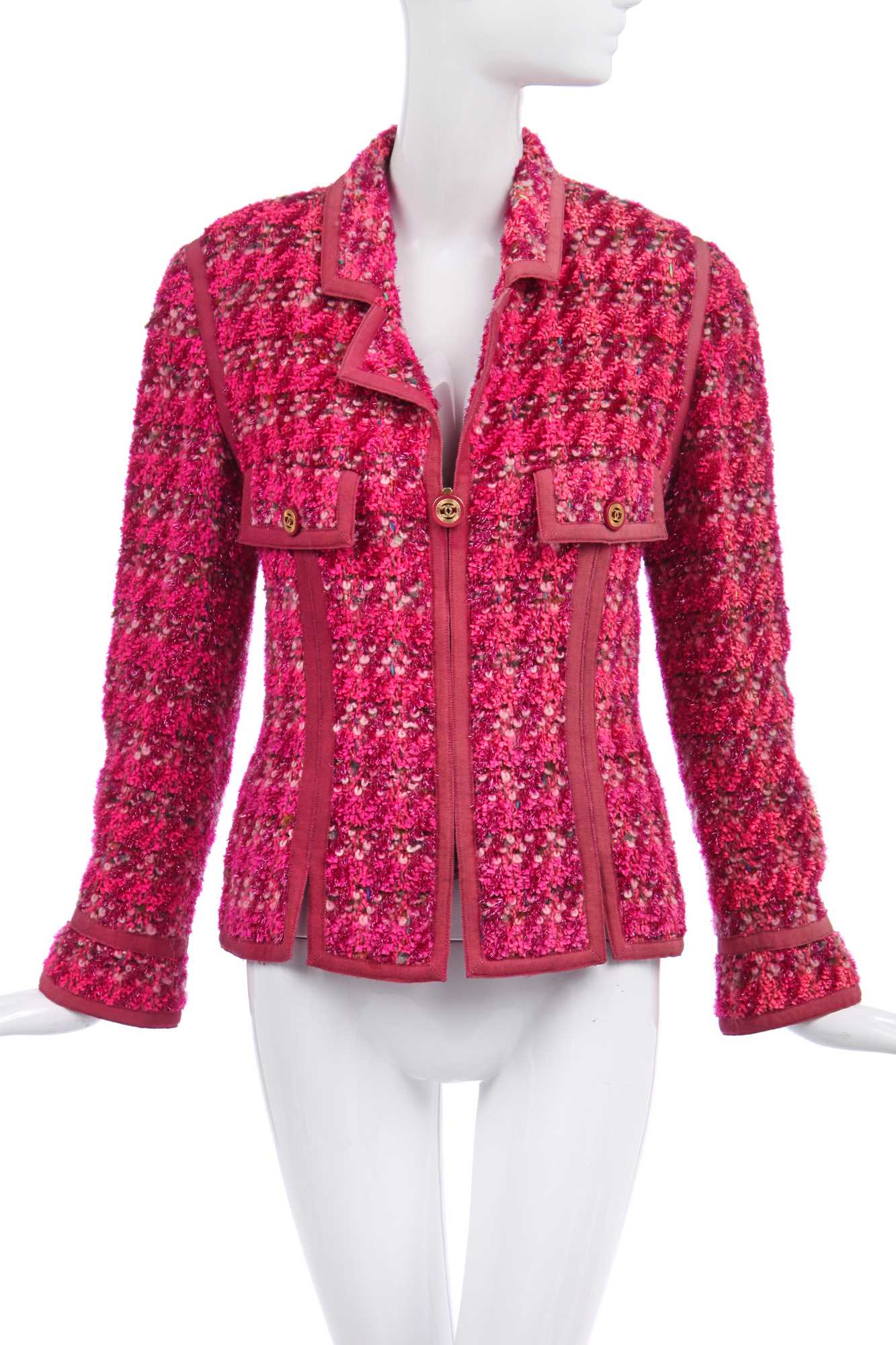 Click for high resolution Lot 19 - A Chanel shocking-pink tinsel-flecked fantasy tweed jacket, Autumn-Winter 1991-92
