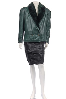 Lot 249 - A Gianni Versace green leather jacket with sheepskin collar, 1980s