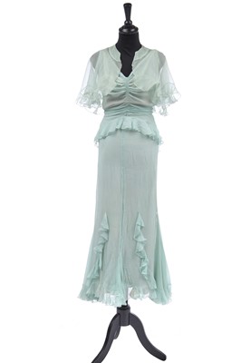 Lot 255 - A Jean Patou couture aqua chiffon bias-cut gown, circa 1931