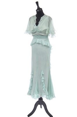 Lot 255 - A Jean Patou couture aqua chiffon bias-cut gown, circa 1931