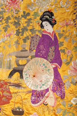 Lot 484 - An embroidered satin panel, Japanese for the European market, circa 1900