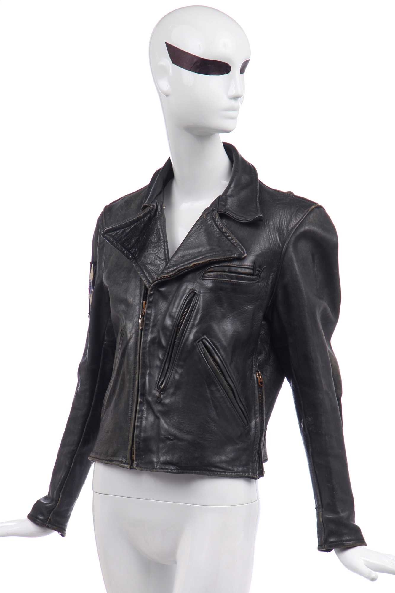 Lot 77 - Jordan's well-worn vintage black leather jacket with heart padlock attached to zip pull