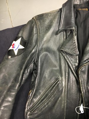 Lot 77 - Jordan's well-worn vintage black leather jacket with heart padlock attached to zip pull
