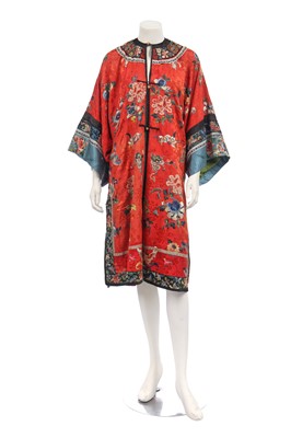 Lot 492 - An embroidered red damask silk chang-fu, Chinese, circa 1900