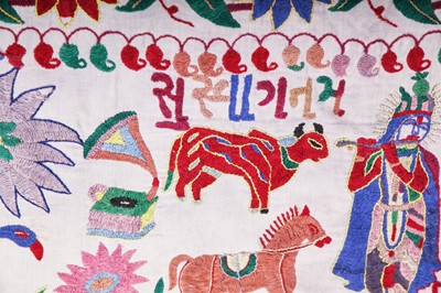 Lot 476 - Two figuratively-embroidered cotton covers, Indian, probably 1930s