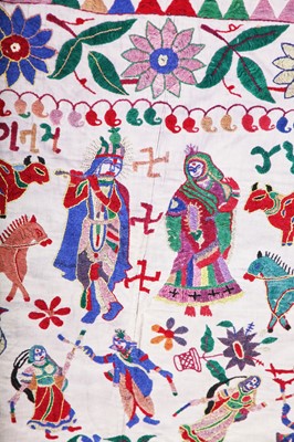 Lot 476 - Two figuratively-embroidered cotton covers, Indian, probably 1930s