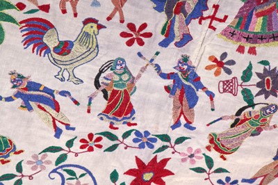 Lot 476 - Two figuratively-embroidered cotton covers, Indian, probably 1930s
