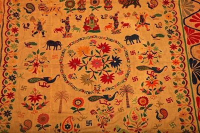 Lot 476 - Two figuratively-embroidered cotton covers, Indian, probably 1930s
