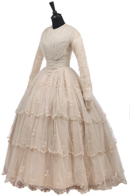 Lot 276 - A tamboured net bridal or summer gown, mid-1850s