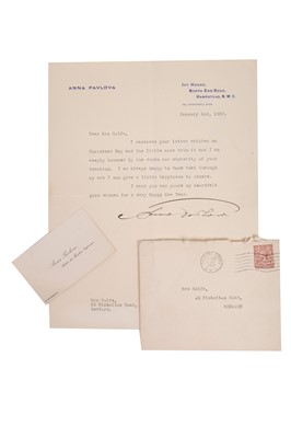 Lot 330 - Anna Pavlova autographed letter to Mrs Rolfe, January 2nd, 1930