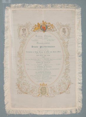 Lot 345 - A framed printed satin programme, the Coronation Gala of King George V and Queen Mary, 1911
