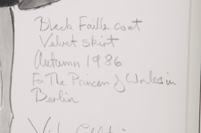 Lot 367 - Victor Edelstein fashion sketch of Princess Diana's black silk evening coat