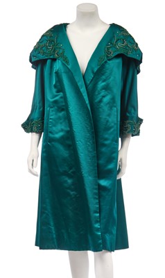 Lot 315 - A peacock-green satin evening coat, Hong Kong for the European market, circa 1960