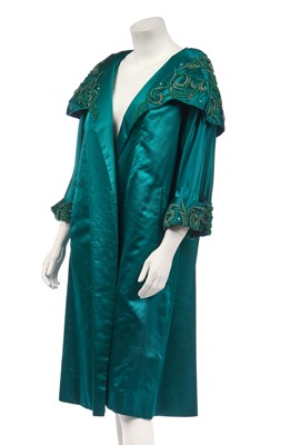 Lot 315 - A peacock-green satin evening coat, Hong Kong for the European market, circa 1960