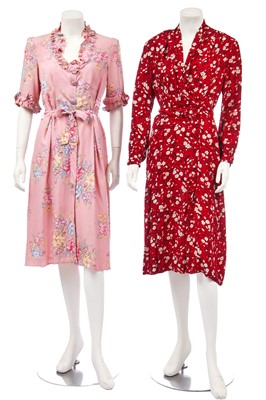 Lot 397 - Two printed floral crepe tea gowns, 1940s