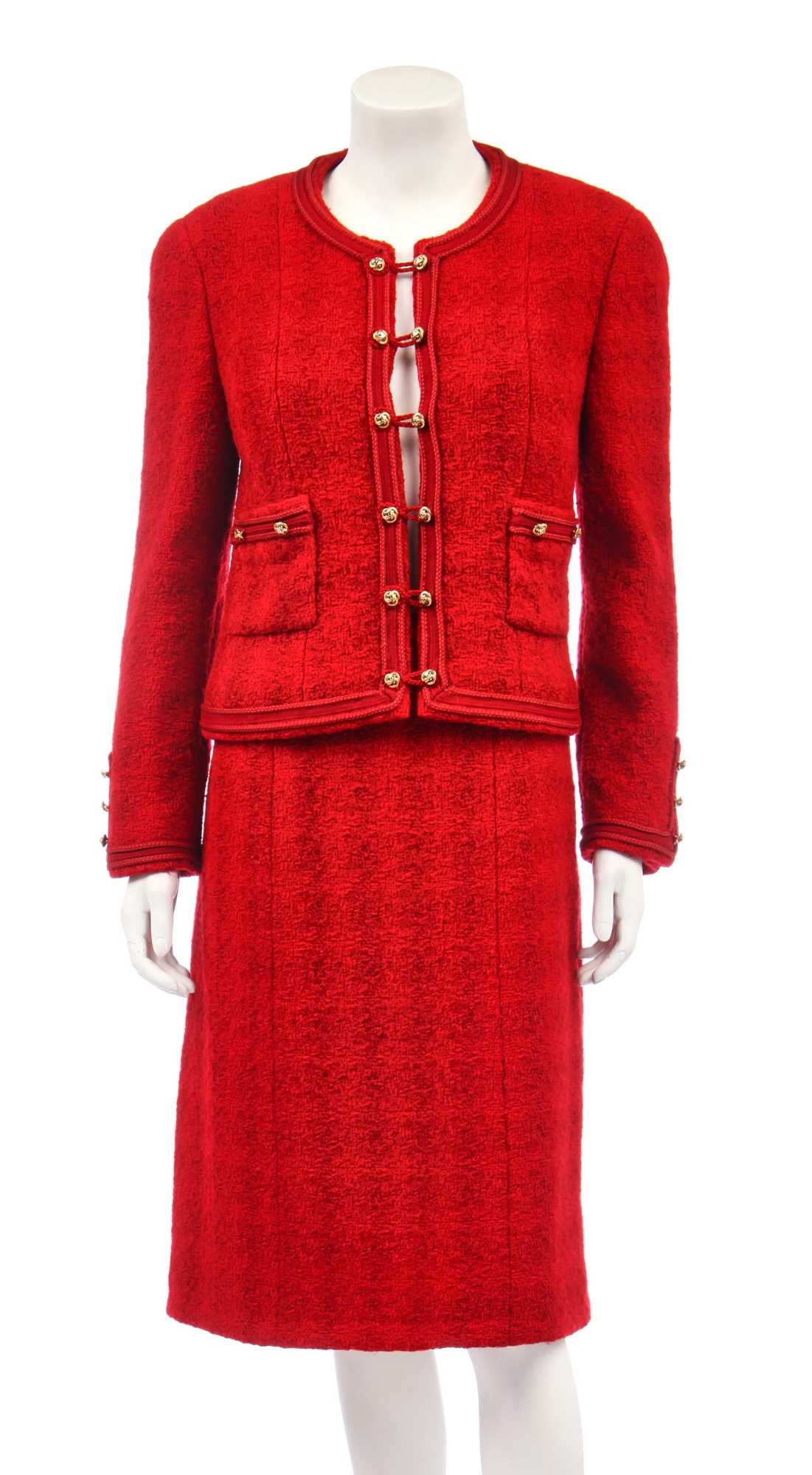 Lot 11 - A Chanel cherry-red tweed suit, late