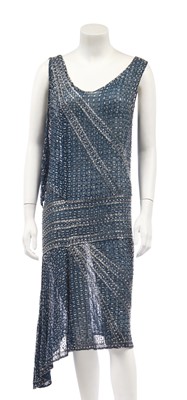 Lot 453 - A beaded teal muslin flapper dress, circa 1925