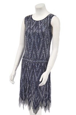 Lot 456 - A beaded dark-blue muslin flapper dress, circa 1927